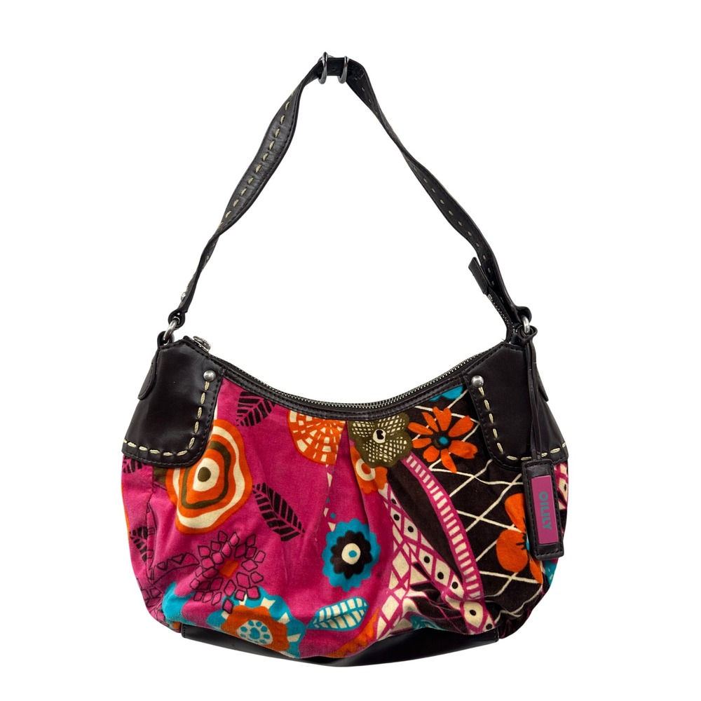 Olly‎ Olly Colorful Floral Patchwork Hobo Bag Brown Leather Trim Vintage